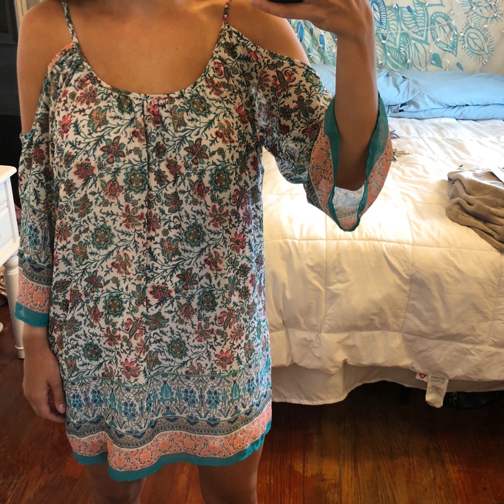 Patterned off the shoulder dress